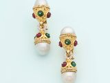 pair of cultured pearl, emerald and gold earrings