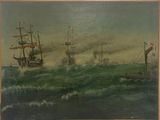 une peinture à l'huile représentant des bateaux sur un plan d'eau par temps nuageux