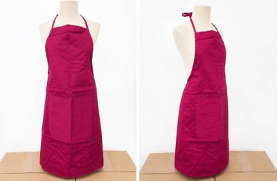 two images of a woman wearing a red apron on a mannequin