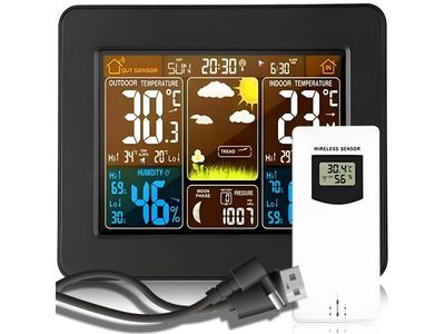 une image représentant une station météo numérique équipée d'un thermomètre et d'un câble USB