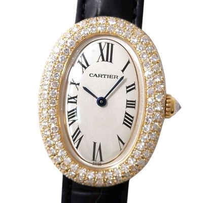 an image of a gold and diamond watch with a black leather strap