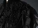 an image of a mannequin dressed in a black dress with a black cape