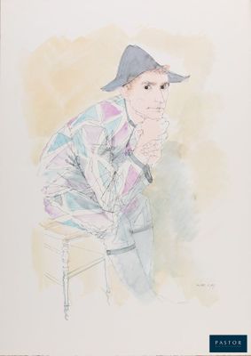 tableau représentant un homme coiffé d'un chapeau, assis sur une chaise