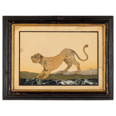 une peinture représentant un guépard courant à travers un champ