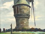 tableau représentant un moulin à vent dans un champ, avec un puits au premier plan