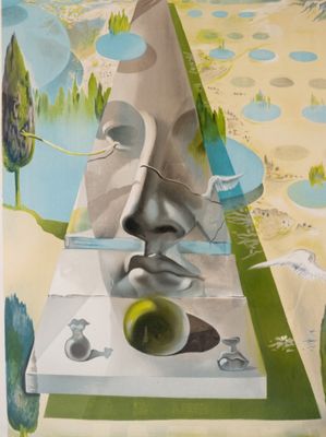 a painting of a man ' s face with a green apple in front of him