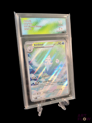 a pokemon card on display in a clear case