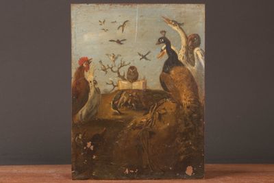 a picture of a painting of birds on a table