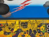 une peinture sur le mur d'un immeuble représentant un éclair qui en jaillit