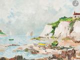 un tableau représentant des bateaux sur l'eau près d'une falaise