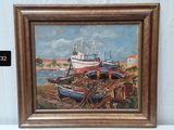 a picture of a painting of boats on the shore