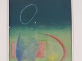 peinture abstraite représentant un cercle bleu et un cercle rouge sur un fond vert et bleu