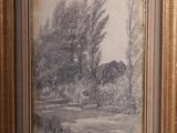 a painting of a landscape with trees and a river in the foreground
