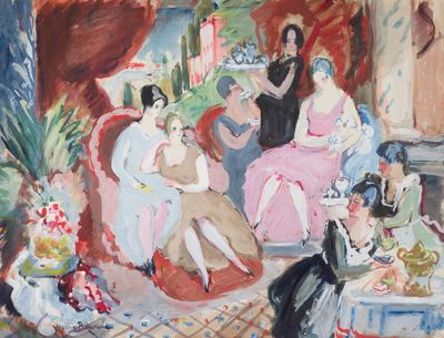 a painting of a group of people sitting around a table