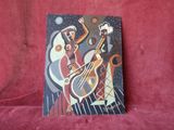 a painting of two people playing instruments on a red cloth