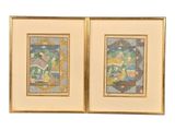 two framed paintings of a woman and a man in a landscape
