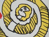 painting of a yellow spiral with a black and white drawing of a dog
