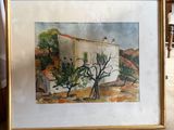 framed watercolor painting of a house with a tree in front of it
