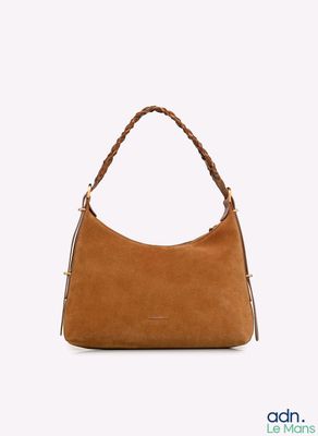 a brown handbag with a braid handle on a white background