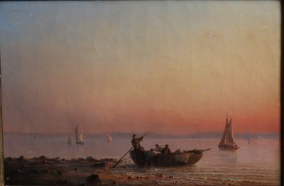 painting of boats in the water at sunset on a beach