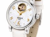 tisot women ' s watch with white leather strap and white dial