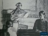 a black and white drawing of two people sitting at a table