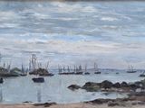 a painting of boats in a body of water