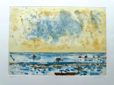 une image d'un tableau représentant un bateau dans l'eau