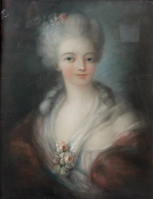 an old painting of a woman in a white dress with a flower in her hair