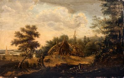 peinture représentant un paysage avec un village au loin, au bord d'une rivière