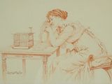 drawing of a woman sitting at a table with a bird in her hand