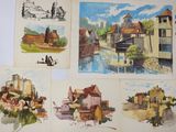 four watercolor paintings of a village and a river in different stages of development