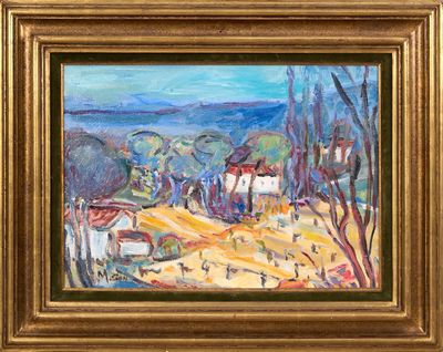 un tableau représentant un paysage avec des maisons et des arbres, dans un cadre doré