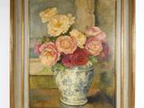 a painting of roses in a vase on a table