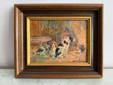a picture of a painting of a dog and two puppies