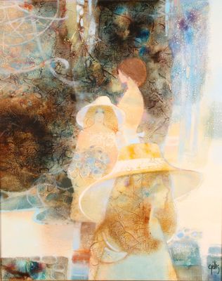 un tableau représentant une femme avec un chapeau et un ours en peluche
