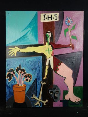 tableau représentant une femme avec une fleur dans un pot devant une fenêtre