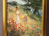 painting of a woman in a field of poppies with a dog