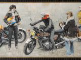 a painting of a group of people on motorcycles