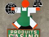a sign that says products casino with a man holding a shovel