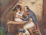 tableau représentant un homme et une femme assis à une table, avec un chien devant eux