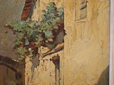an oil painting of a street scene with a building and a tree