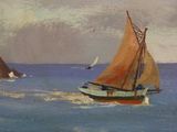a painting of a sailboat in the water near the shore