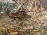 painting of a man and woman in a boat on a river