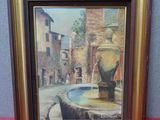 peinture représentant une fontaine devant un bâtiment, sur un fond rouge