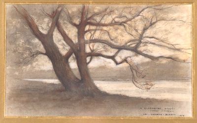 tableau représentant un arbre dans un champ, avec un plan d'eau en arrière-plan