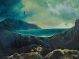 un tableau représentant un paysage avec des montagnes et des fleurs au premier plan