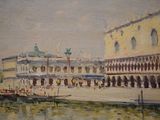 a painting of a boat on the water in front of a building
