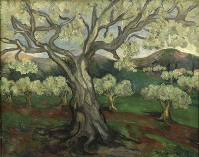 an oil painting of a tree in a field with hills in the background