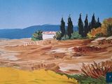 a picture of a painting of a landscape with a house in the distance
